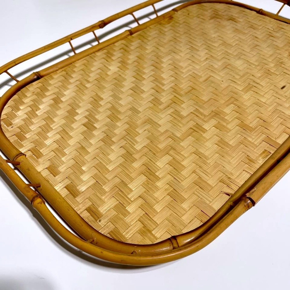 Vintage Bamboo Rattan Woven Serving Trays Set of 5 Boho Rectangular 19x12.5 In